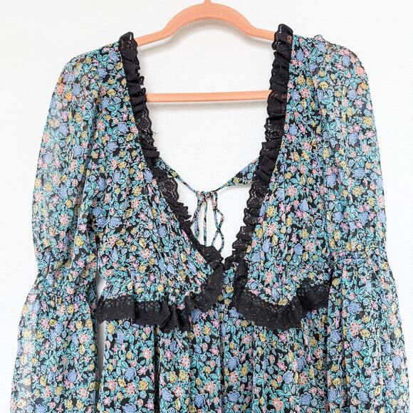 Free People Pennie Babydoll Floral Sheer‎ Mini Dress Black Size M Fairy Grunge - Picture 4 of 11
